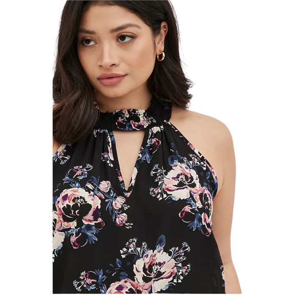 Torrid NWT Keyhole Halter - Georgette Floral Black Size 1X High Neck Sleeveless - Picture 2 of 9